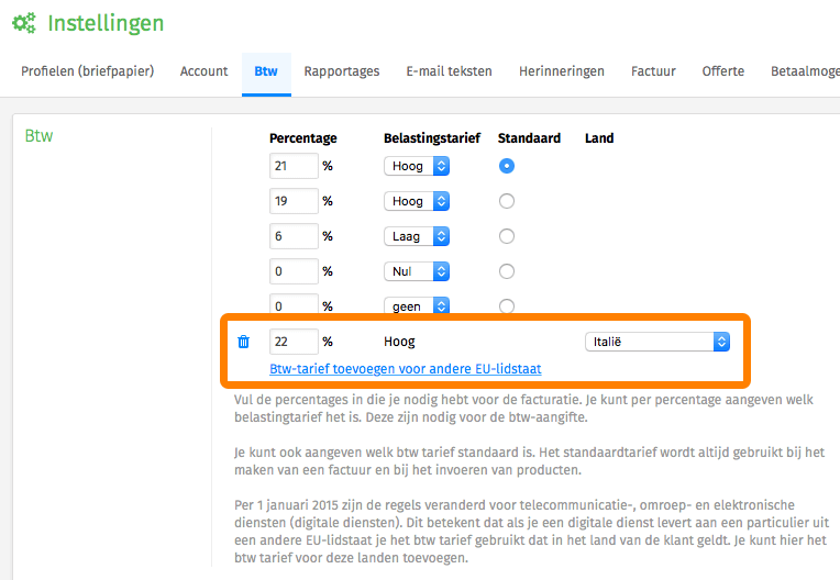 Het instellingen-scherm waar je de btw tarieven kunt toevoegen