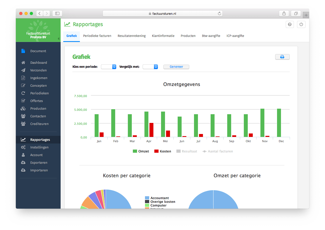 Schermafbeelding met je bedrijfsrapportages op FactuurSturen.be