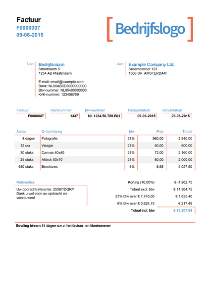 Voorbeeldsjabloon met alle vereiste factuurinformatie